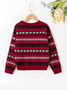 青少年女孩幾何圖案落肩袖套頭毛衣 - 紅色 - 查看 2