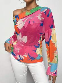 SHEIN Privé 印花不對稱領襯衫 - 玫紅色 - 查看 3