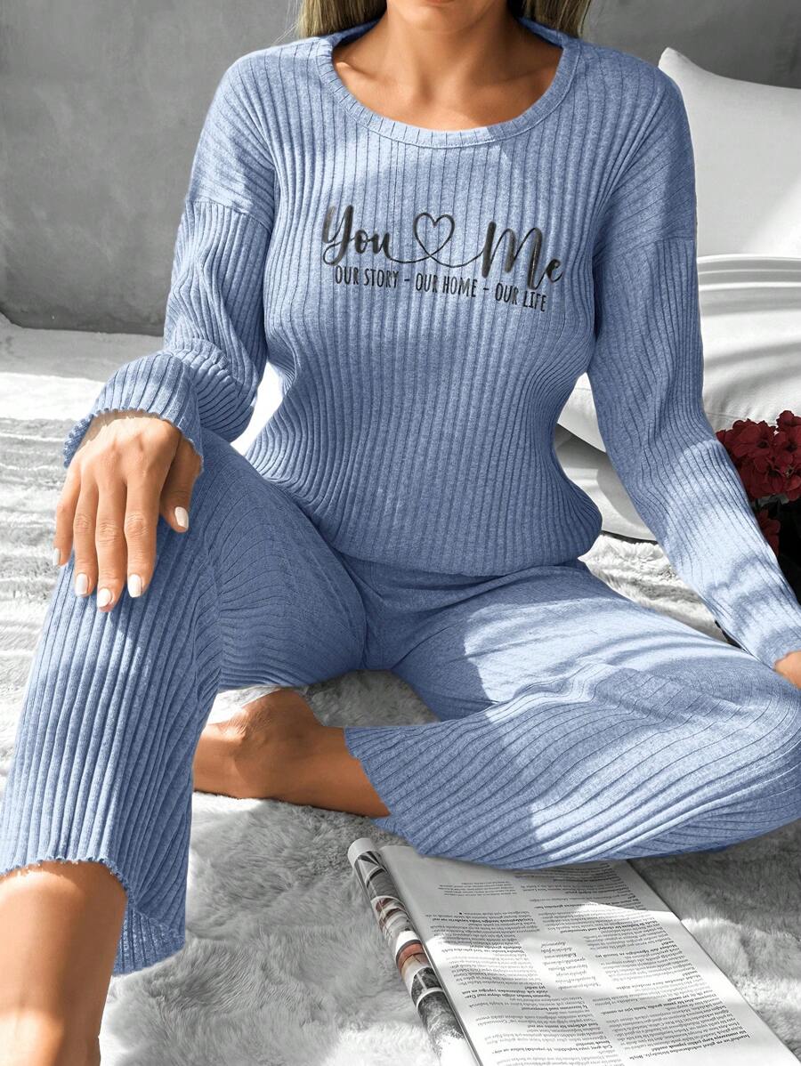 EURMUSE Women's Letter Print Ribbed Knit Lounge Wear Set - Dusty Blue - View 1
