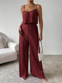 SHEIN Essnce Chất rắn Cami ngọn & Quần ống rộng - Màu Đỏ Sâu - Xem 1