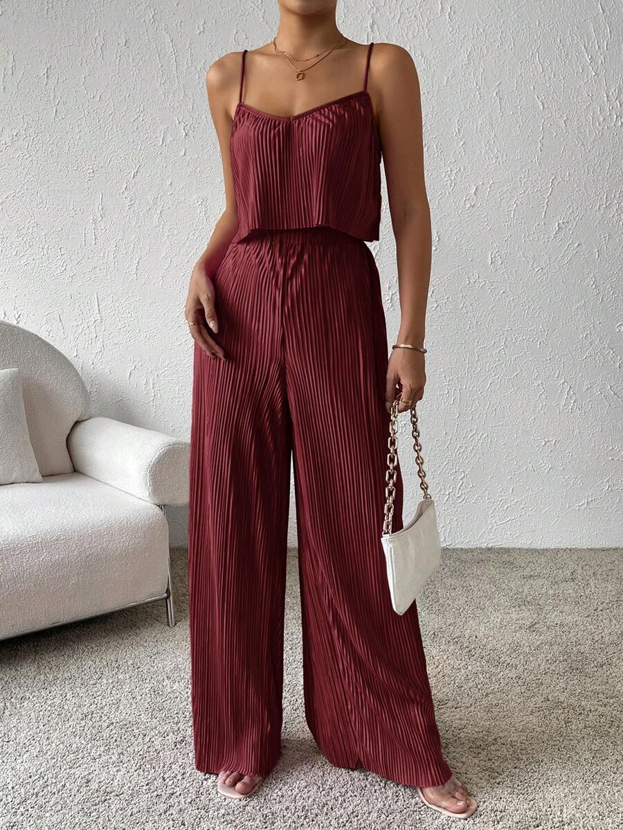 SHEIN Essnce Chất rắn Cami ngọn & Quần ống rộng - Màu Đỏ Sâu - Xem 1