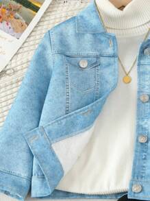 SHEIN 休閒拉鍊 前紐扣人像女童（小）兩件套 - 藍色 - 查看 4