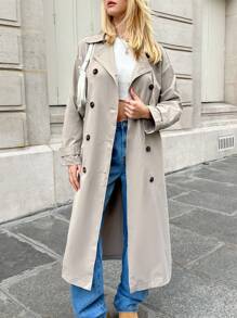 SHEIN EZwear 女性秋冬款簡單風格長款風衣 - 卡其色 - 查看 5