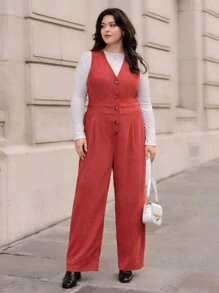 SHEIN Essnce Talla grande Mono con botón delantero de pana sin camiseta - Rojo - Ver 5