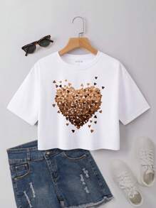 INAWLY Camiseta tipo crop top con estampado de corazón, camisetas gráficas para mujeres - Blanco - Ver 1