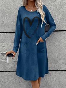 愛心圖案雙口袋蝙蝠袖T恤洋裝 - 藍色 - 查看 5