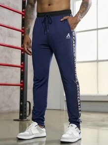 Manfinity Sport Corelite Men Letter Graphic Drawstring Waist Contrast Tape Side Sports Pants - Blue - View 1