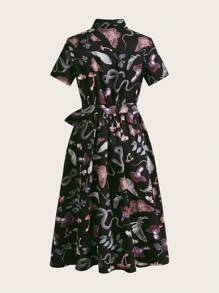 ROMWE Fairycore 女用蘑菇與蛇印花羈扣襯衫洋裝 - 黑色 - 查看 2