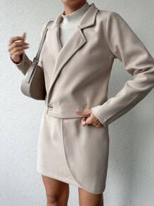 EURMUSE Lapel Neck Crop Blazer & Button Front Skirt - Beige - View 3
