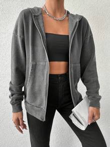 EURMUSE Solid Zip Up Hooded Sweatshirt - Grey - View 4
