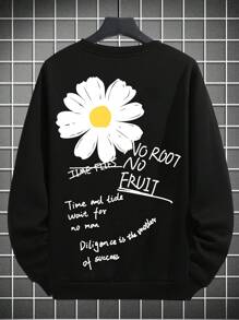 Manfinity Homme 男士宽松口号和花卉印花保暖内衬运动衫圆领黑色图案长袖休闲运动衫，适合朋友、丈夫、男朋友的礼物 - 黑色 - 查看 2