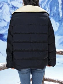 SHEIN LUNE Women's Color Block Lapel Padded Padded Coat Clothes Winter - Black - View 2
