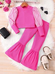 女小童千鳥格印花小高領泡泡袖T恤&喇叭褲 - 玫紅色 - 查看 8