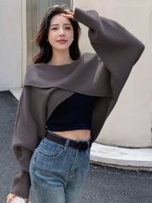 DAZY 純色交叉收縮船領蝙蝠袖短款毛衣 - 灰色 - 查看 1