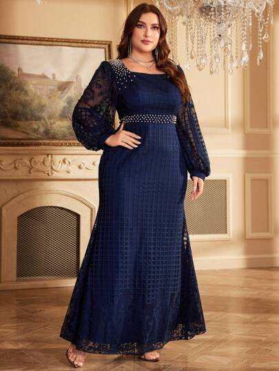 Plus Pearls Detail Lantern Sleeve Lace Formal Dress Elegant Long Sleeve Prom Evening Wedding Guest Gown, For Graduation, Dinner