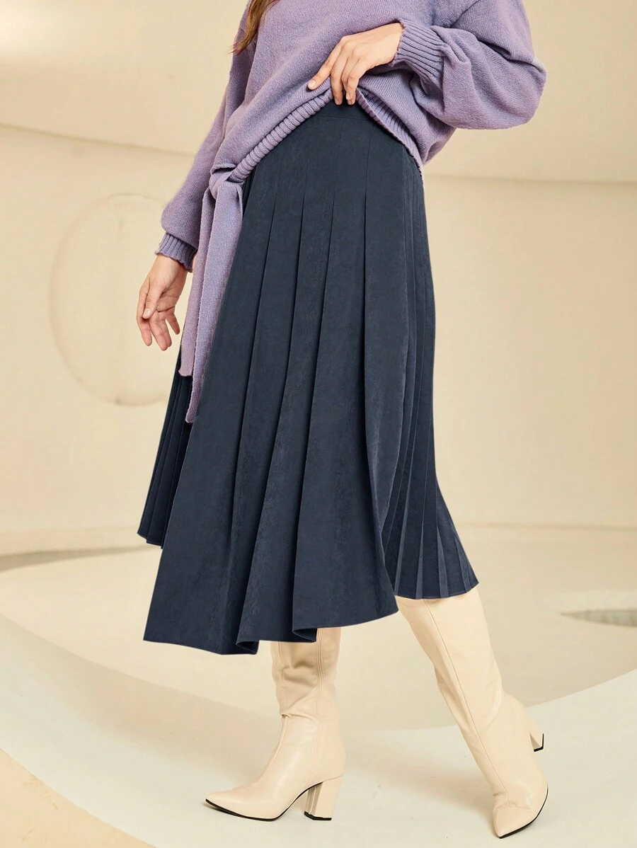 Seusyu 休閒 優雅不對稱 百褶純色女士半身裙 - 藏蓝色 - 查看 1