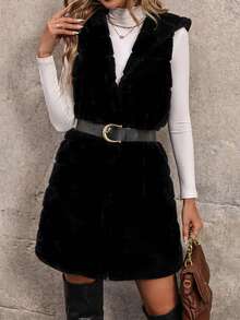 SHEIN LUNE 開門襟毛茸茸外套馬甲 - 黑色 - 查看 5