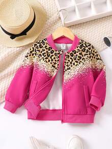 SHEIN Cô Gái Trẻ In hoa Báo Dây kéo Áo khoác bomber - Hồng - Xem 4