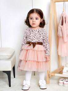 SHEIN Em bé Cô gái Thanh lịch Hoa văn Báo Dệt kim Lưới Nối Nhiều lớp Đầm - Hồng - Xem 3