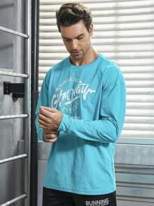 Manfinity Sport Corelite 男友风男式字母图案运动 T 恤长袖衬衫 - 藍色 - 查看 6
