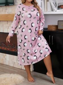 Vestido de pijama de talla grande con estampado de dibujos animados, vestido largo - Rosa - Ver 5