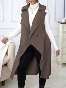 Calvaya Plus Size Double Breasted Belted Sleeveless Trench Coat - Coffee Brown - View 4