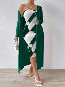 SHEIN ChicEase 素色抹胸緊身連衣裙&開門襟外套 - 墨綠色 - 查看 5