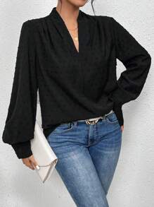 SHEIN Essnce 圓點燈籠袖襯衫 - 黑色 - 查看 6