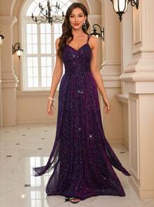 UNITHORSE Lace-Up Backless Sequin Cami Formal Dress Elegant Prom Evening Wedding Guest Gown, For Graduation, Dinner - Purple - View 1