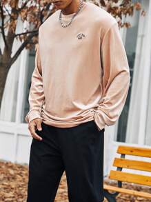 Manfinity Homme 男士大码字母刺繡落肩袖運動衫 - 卡其色 - 查看 1