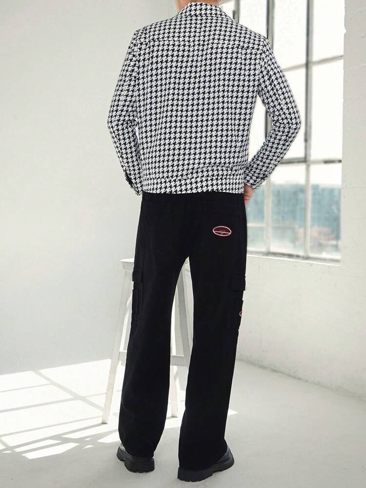 Men 1pc Houndstooth Print Flap Pocket Loose Jacket, For Fall Winter