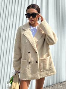 Aveloria Double Breasted Dual Pocket Teddy Coat - Beige - View 4