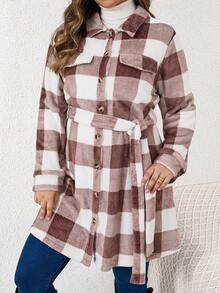 SHEIN LUNE 大碼格紋印花落肩袖翻蓋細節法蘭絨格子衫洋裝 - 彩色 - 查看 5