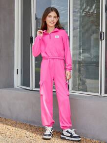 Conjunto de dos piezas para niña preadolescente con sudadera de punto de unicolor semi-abierta y pantalones holgados de punto - Rosa Fucsia - Ver 5