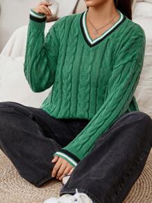 Flirla Plus Striped Trim Cable Knit Drop Shoulder Cricket Sweater - Army Green - View 5