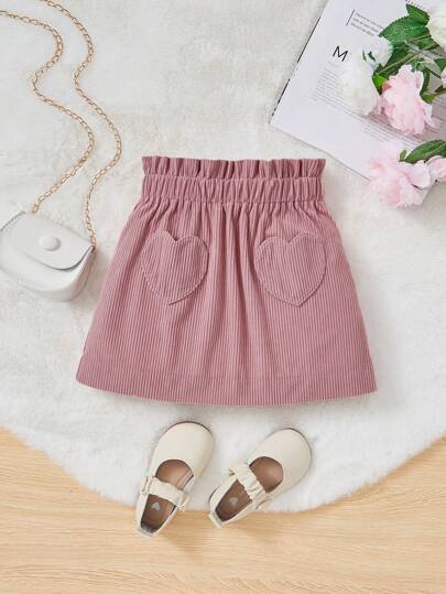 SHEIN Young Girl Corduroy Paper Bag Skort With Ruffle Edge, Elastic Waist, Heart Shaped Design Pocket