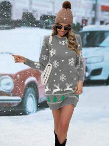 SHEIN Essnce Christmas Pattern Sweater Dress - Grey - View 3