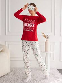 EURMUSE Christmas Print Tee & Pants PJ Set - Red and White - View 4
