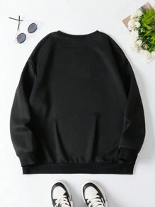 SHEIN EZwear 大尺寸卡通字母印花圓領運動衫 - 黑色 - 查看 2