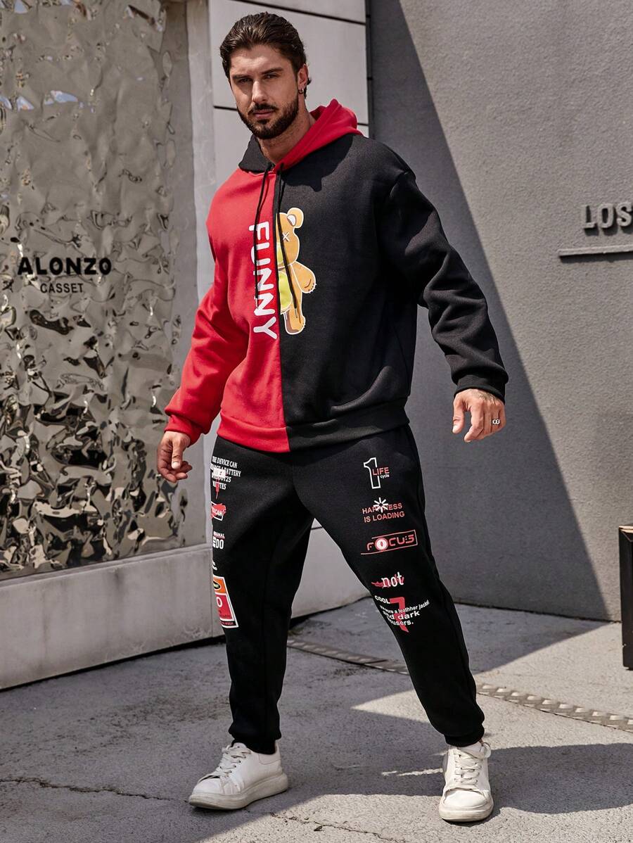 Manfinity LEGND Men Plus Colorblock Letter Graphic Drawstring Hoodie & Sweatpants