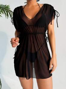 女款時尚黑色 V 領網布罩衫,搭配肩帶設計 - 黑色 - 查看 1