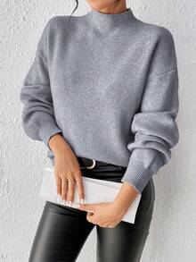 SHEIN Essnce 小高領落肩袖套頭毛衣 - 灰色 - 查看 7