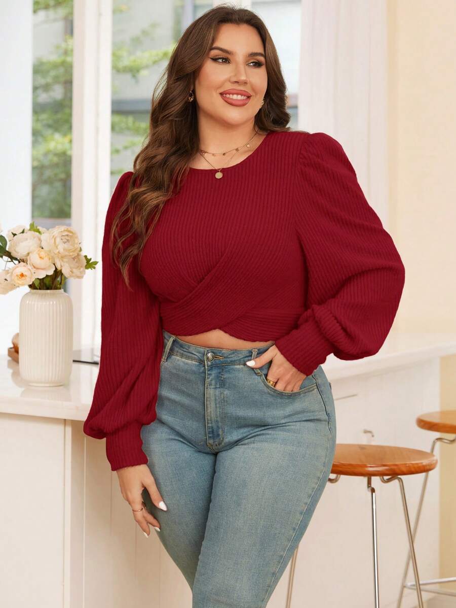 SHEIN Essnce Hơn Tay áo lồng đèn Áo thun Wrap Cross Crop - Màu Đỏ Sâu - Xem 1