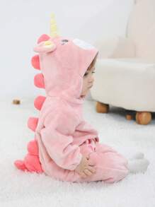 SHEIN 嬰兒女寶寶3d獨角獸設計帽子毛絨服裝連身衣 - 粉色 - 查看 1