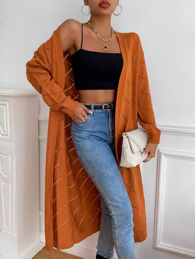 Pointelle Knit Drop Shoulder Cardigan Without Belt