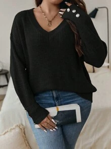 SHEIN Clasi Áo len Plus Size Xù nhỏ Gân đan màu trơn Giải trí - màu đen - Xem 3