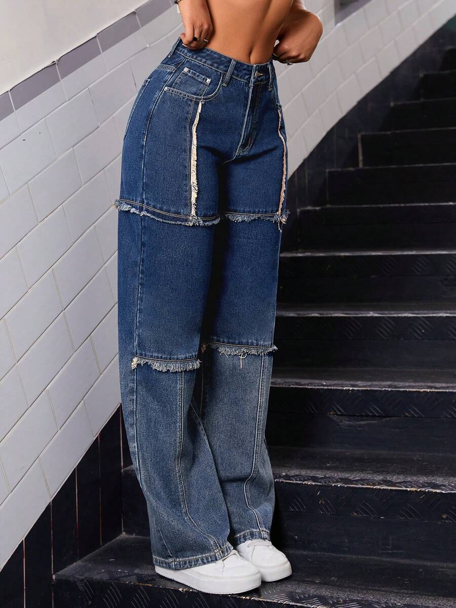 SHEIN ICON Xén Thô quần ống rộng Quần jean - Rửa trung bình - Xem 1
