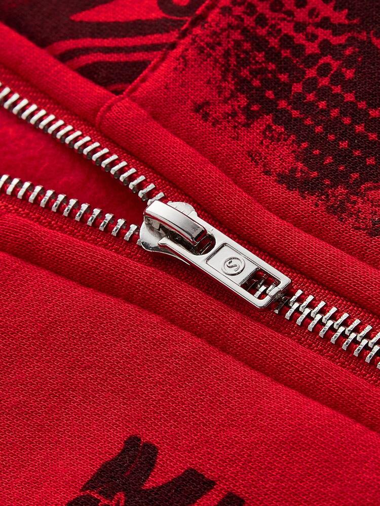Figure & Letter Graphic Zip Up Drawstring Hoodie