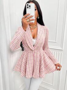 SHEIN Slayr Plaid Pattern Shawl Collar Peplum Hem Tweed Overcoat - Baby Pink - View 3