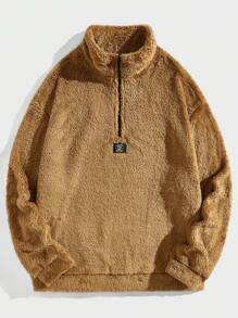 GENTILAND Men Plus Letter Patched Detail Half Zip Teddy Sweatshirt - Brown - View 3